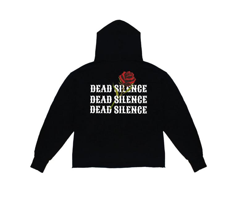 "ROSE DEAD SILENCE" long sleeve black hoodie